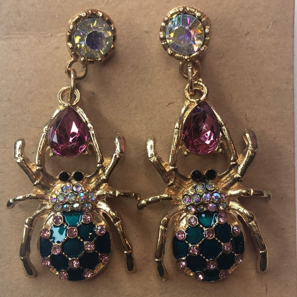 Gold tone  Green and Pink Sparkly Dangling Spider Earrings New